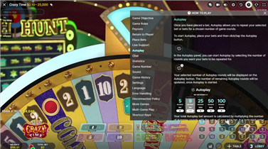 Impostazioni di gioco automatico e controlli di puntata in Crazy Time