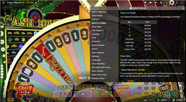 Schermata RTP e regole di Crazy Time di Evolution Gaming