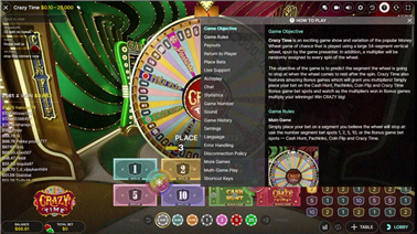 Schermata delle regole di Crazy Time con spiegazione dei segmenti e delle vincite